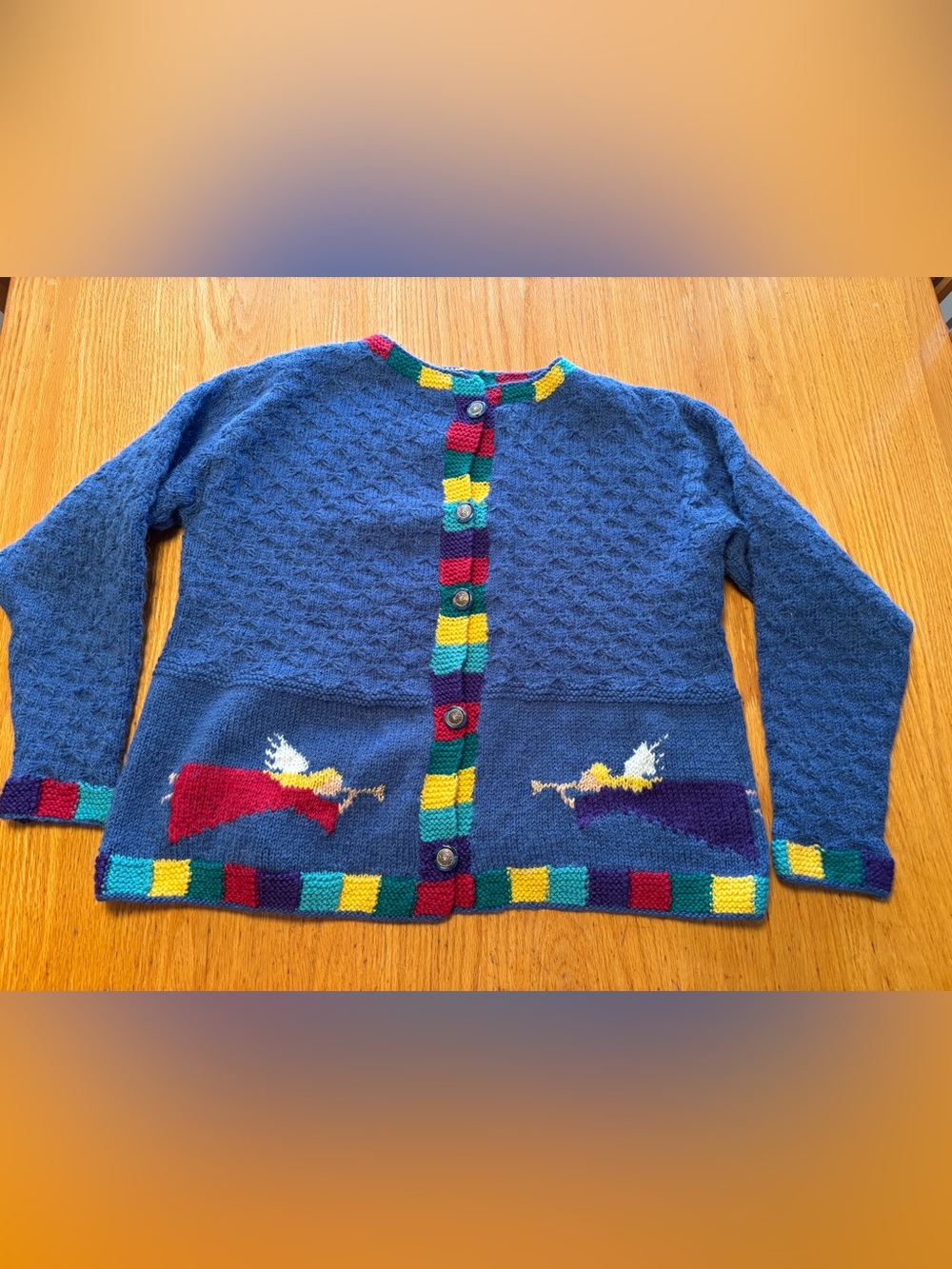 Blue Hand Knit Cardigan with Colorblock Trim and Angel Motifs